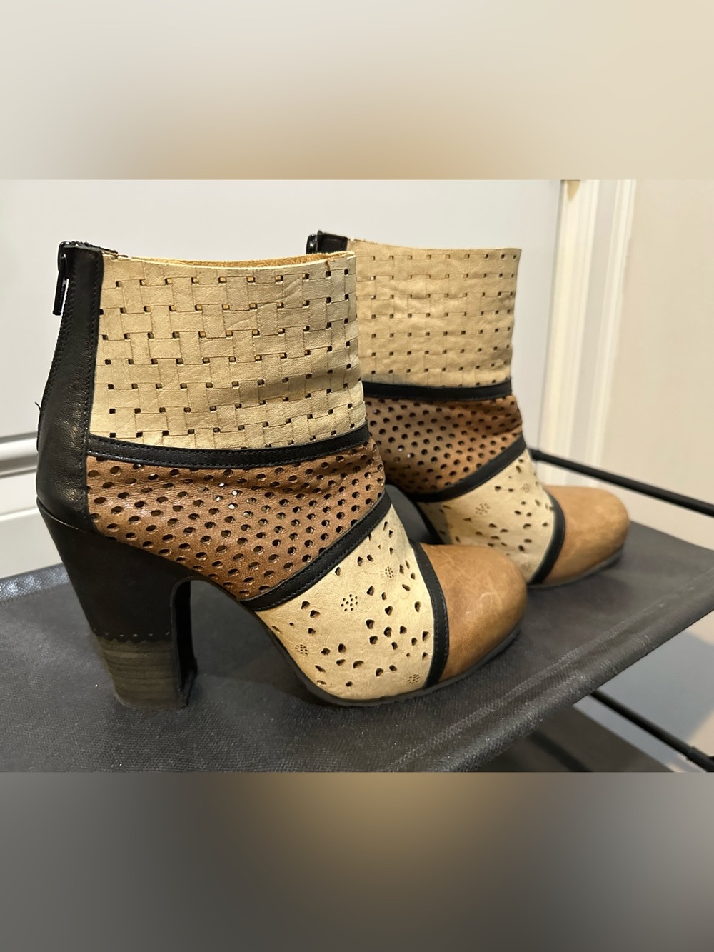 Women’s Beige and Brown Perforated Ankle Booties